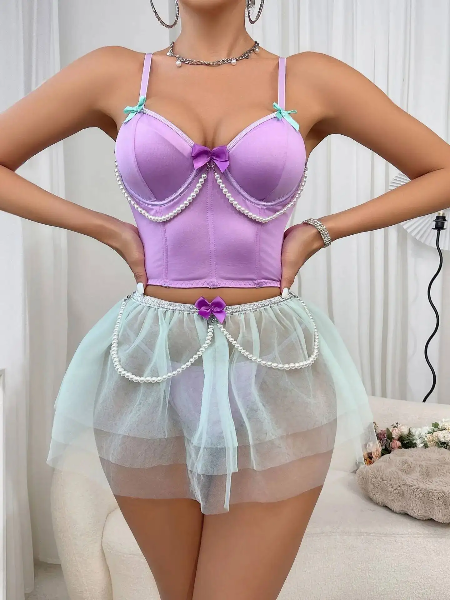 جديد مثير الدانتيل صديرية دائرية تنورة قصيرة شير مثير مجموعات شبكة شفافة Bowknot تنورة الرغبة النقية الساحرة أنيقة تنورة مجموعات L3IF #5