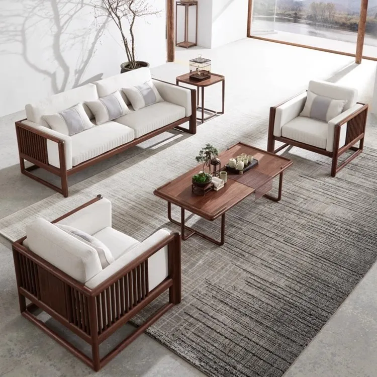 

New Chinese-style all-solid wood sofa combination ash wood small apartment modern simple home bed and breakfast living room full