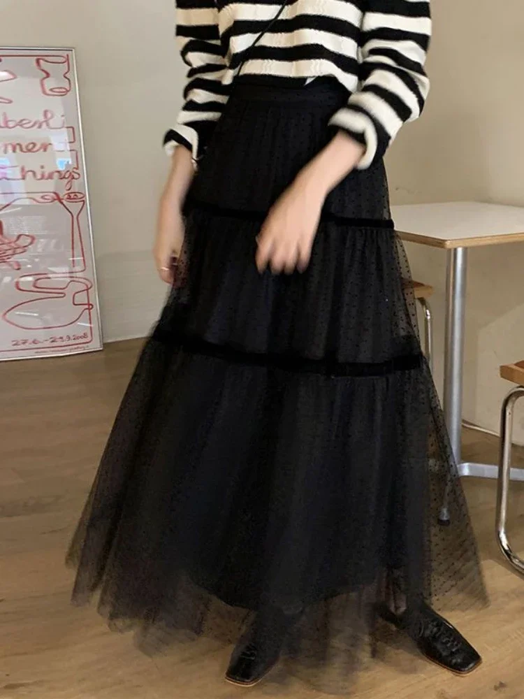 Korobov Polka Dot Gauze A-line Skirt Female Summer Long Temperament Shaggy Skirt Sweet Cake Long Dress Korean Fashion Faldas