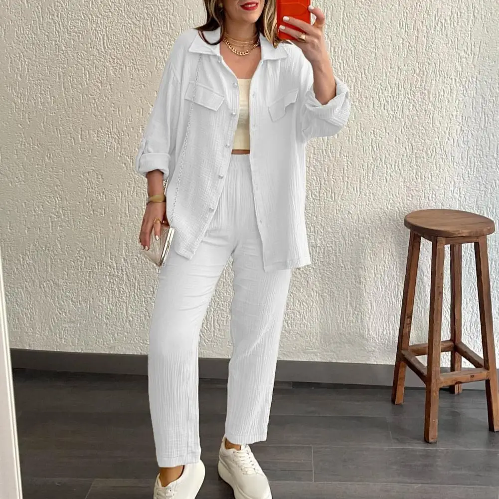 All-season Women Outfit Women's Casual Shirt Pants Set with Lapel Collar Single-breasted Blouse High Elastic Waist for Daily