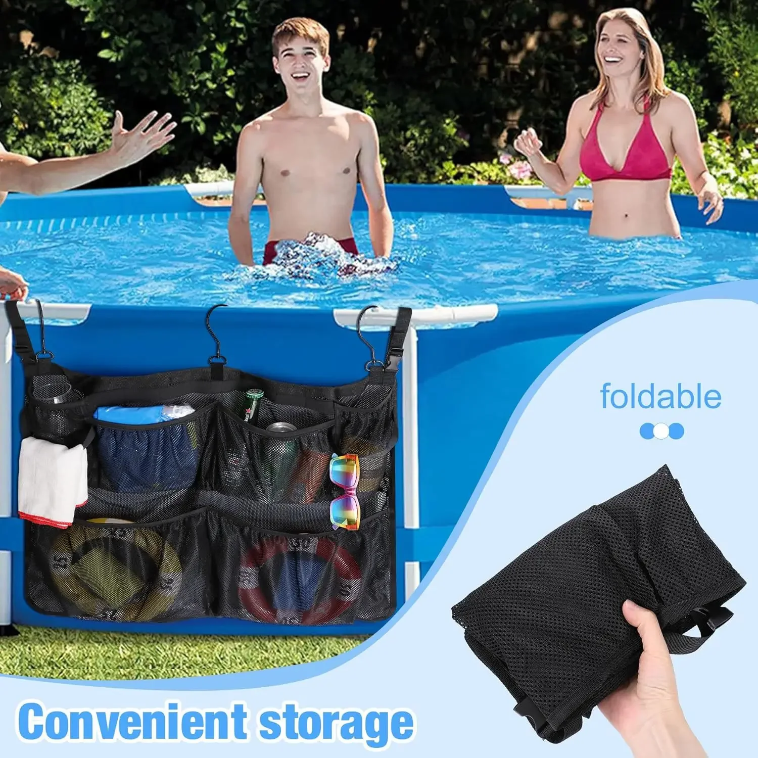

Multi functional pool storage hanging bag foldable beach toy mesh bag large hanging bath storage bag