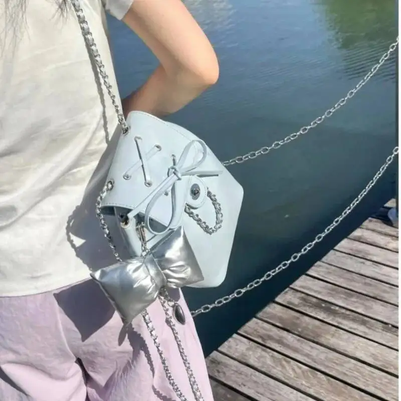 Bloom Haruku Blue Mochila Women 2025 Vintage Leather Chain Bow Mini Backpacks Hot Girls Retro Fashionable Backpack Aesthetic