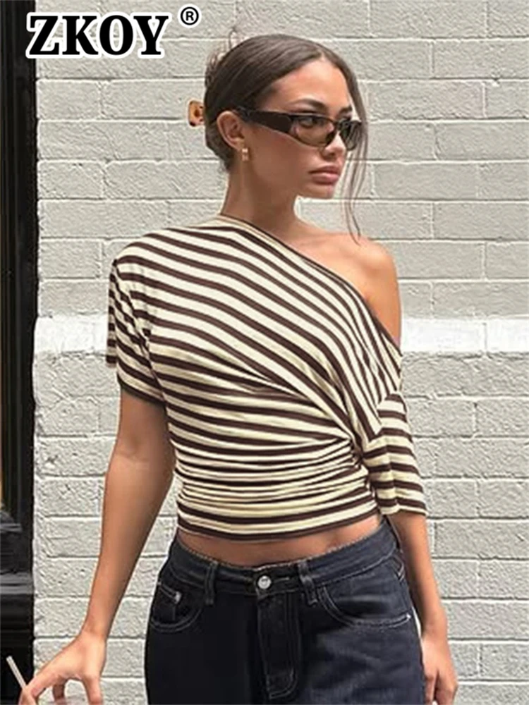 Zkoy Sumemr 2027 New Date Night Women Off Shoulder Short Sleeve Crop Tops Daily Casual Stripe Tank Top Slim Fit Hot Sale T-Shirt