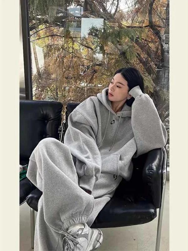 

Комплект спортивной одежды в американском стиле ретро размера 300, женские спортивные штаны с капюшоном Lazy Sle, комплект из двух предметов, длинный полиэстер све