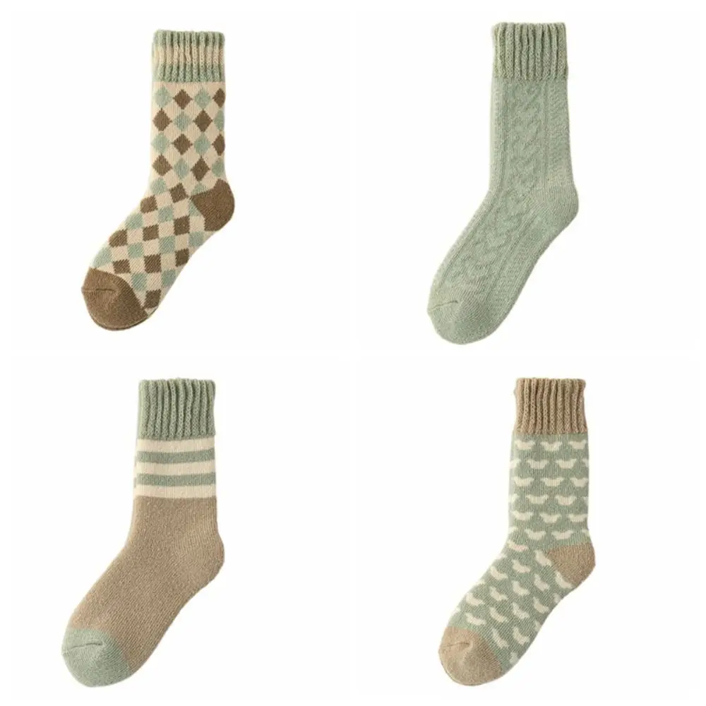 4Pairs Simple Stripe Grid Thickened Socks Winter Sleeping Floor Socks Hosiery Mid-tube Warm Socks Women For Girls