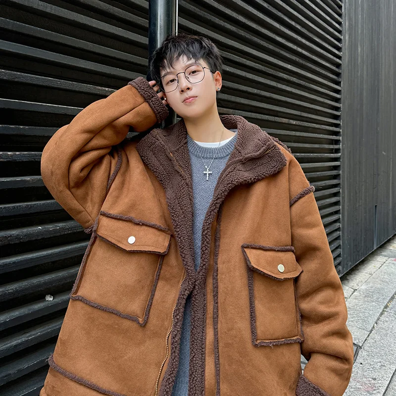 GIOIOMen's Jacket，Winter Fleece-Lined Thickened Warm Turn-Down Collar Three-Dimensional Large Pocket Loose Casual Coat Jacket