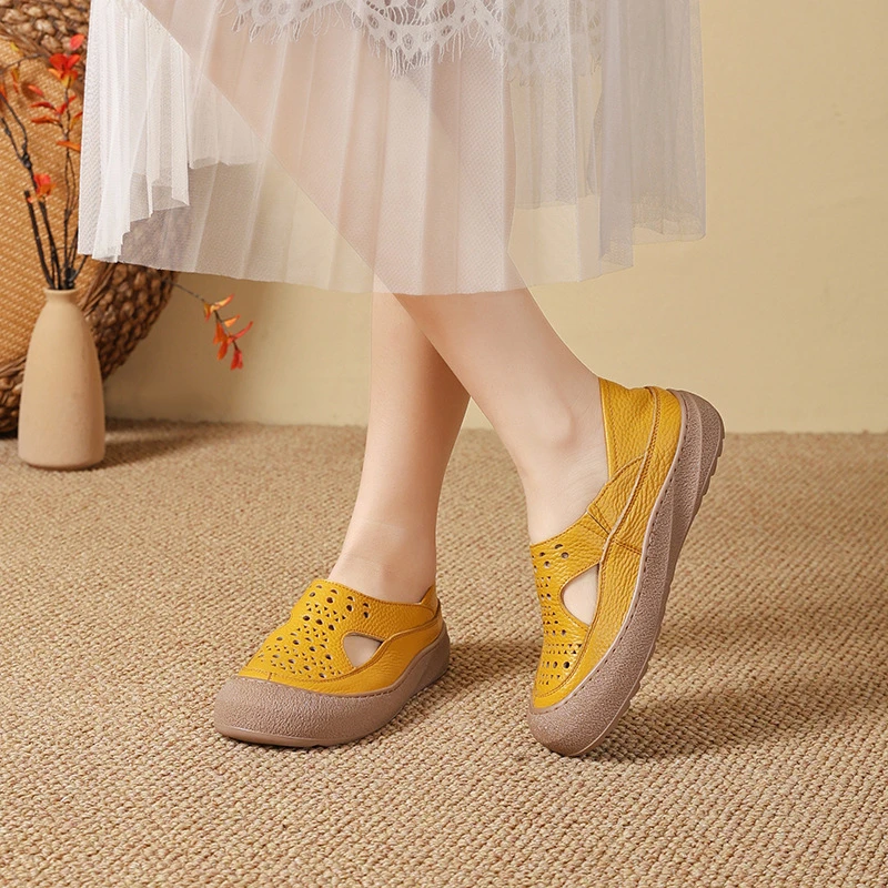Mori Girl Perforierte Schuhe aus echtem Leder für Damen, faltbare Ballerinas mit Ausschnitt, klobige Loafer, gewellte, atmungsaktive Mokassins – Detail 11