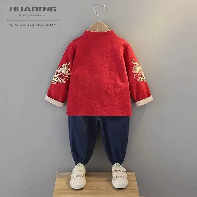 الصيف النمط الصيني القطن الكتان الأحمر التنين التطريز تانغ دعوى الفتيان الفتيات أزياء الطفل السنة الجديدة الملابس تاي تشي الملابس