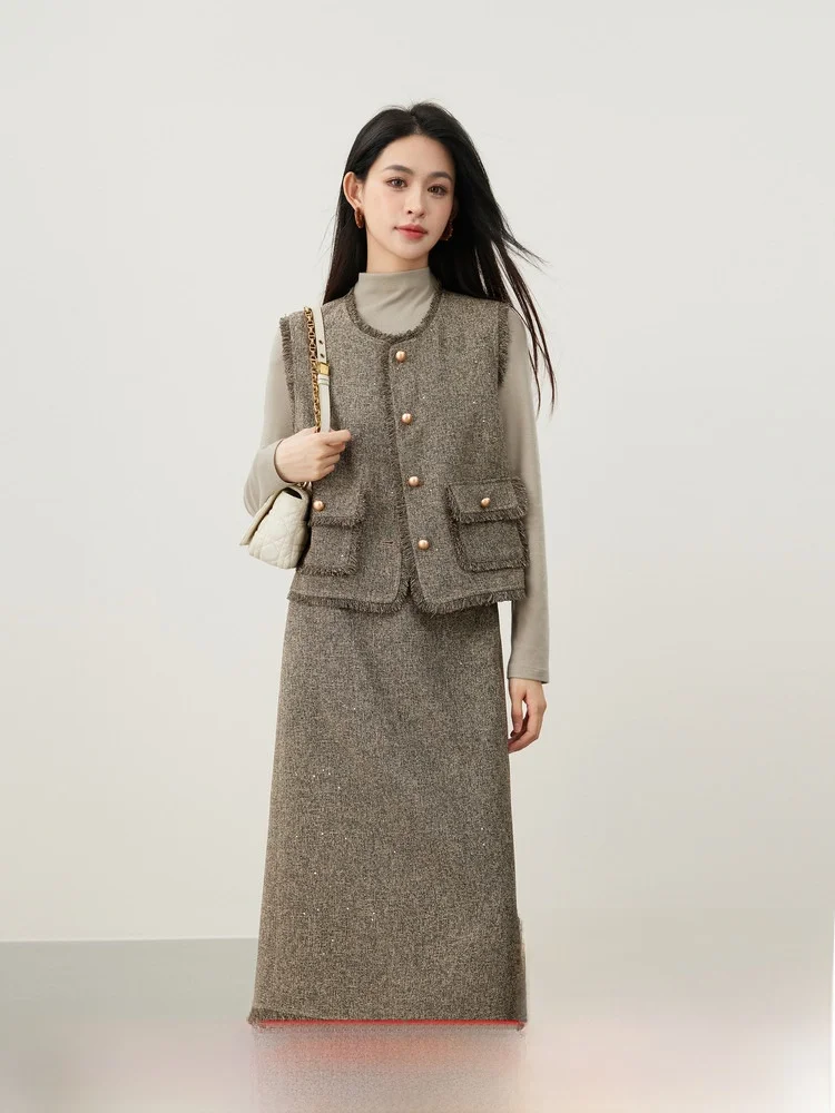 

Комплект из жилета с пайетками и юбки с бахромой для женщин: модный ретро-стиль, длинный рукав, круглый вырез, высокая талия, осенняя коллекция