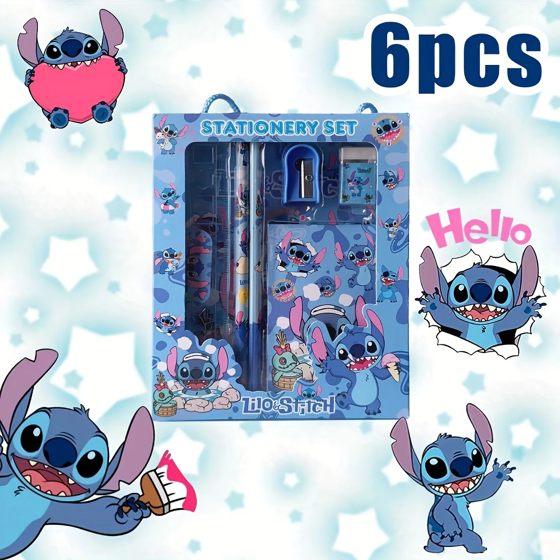 

6PCS/Set Stitch Stationery Set School Gifts With Pencil Pen Sharpener Eraser Notebook Ruler
