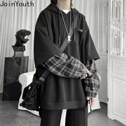 Women's Clothing Fake Two Hoodies Patchwork Plaid Hooded Oversized Tops Korean Y2K Clothes for Teens Harajuku Casual Sweatshirt