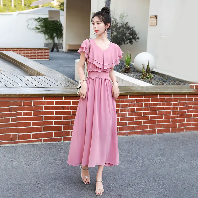 Chiffon Women's Summer New Temperament Waist-Controlled Slimming Sweet Lotus Leaf Vacation Style Ethereal Swing Long Dress