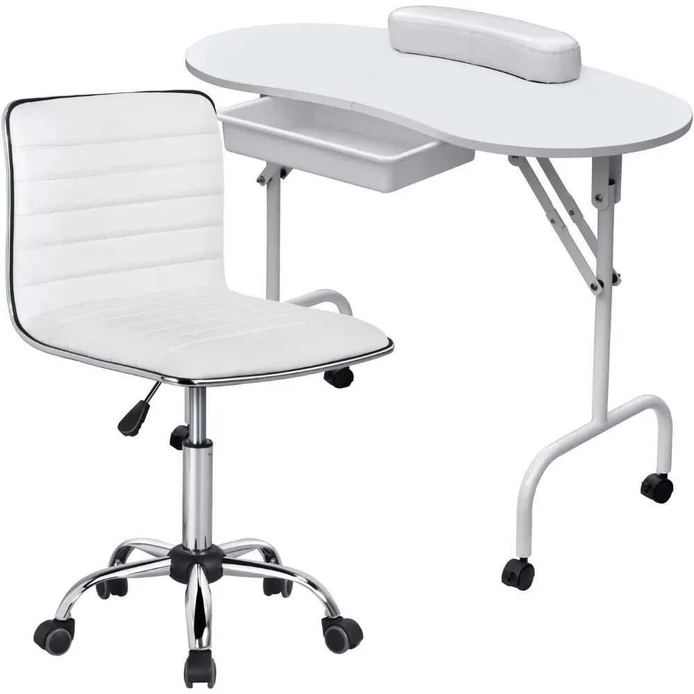 

L # 37inch Manicure Table Foldable Workstation W/Carrying CaseWheels For Spa Beauty Salon And Adjustable Low Back Armless Nail D