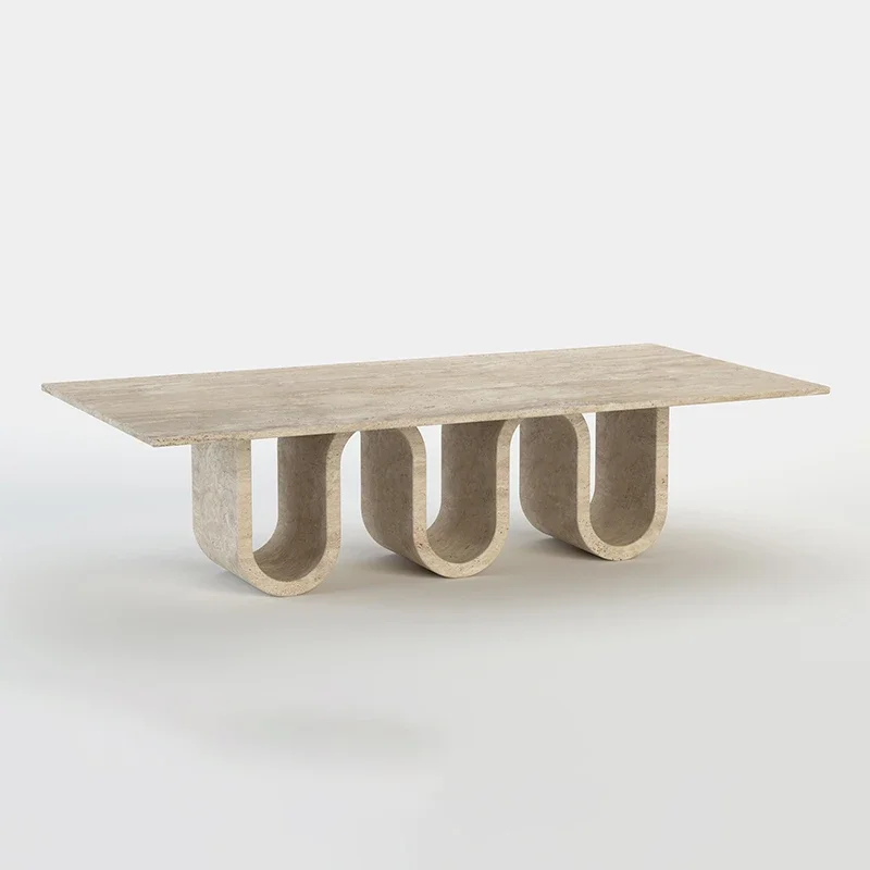 #Dream Home Travertine Dining Table Rectangular Top Triple U-Shaped Base Modern Home Dining Table