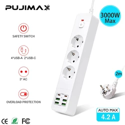 PUJIMAX EU Plug Power Strip wWith USB Ports Extension Cord Socket Network Filter Round Pin AC Outlet 3000W Electrical Charge Ada