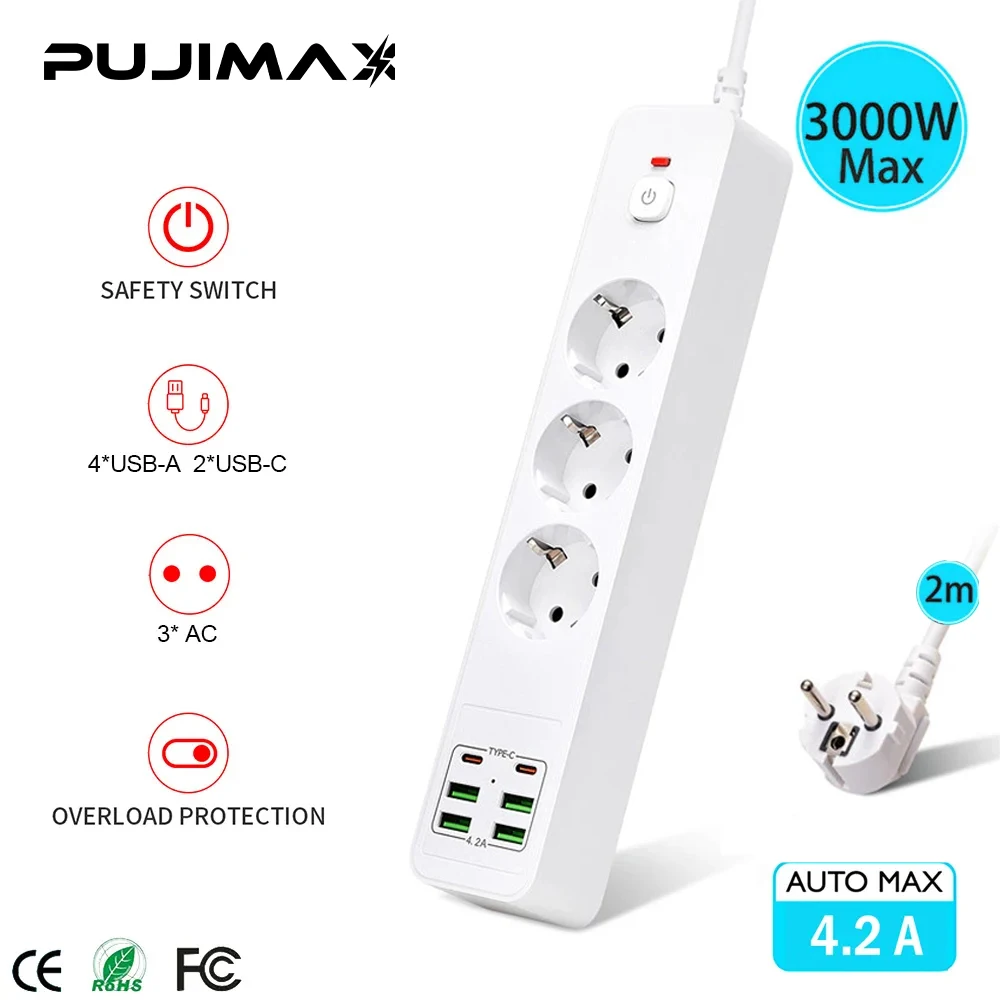 PUJIMAX EU Plug Power Strip wWith USB Ports Extension Cord Socket Network Filter Round Pin AC Outlet 3000W Electrical Charge Ada