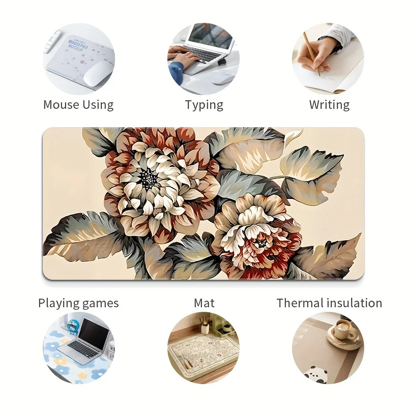 حصيرة مكتب كبيرة جدًا ذات طابع زهور، وسادة ماوس مطاطية متينة مضادة للانزلاق، خياطة حافة دقيقة، زهرة ملونة عالية الوضوح