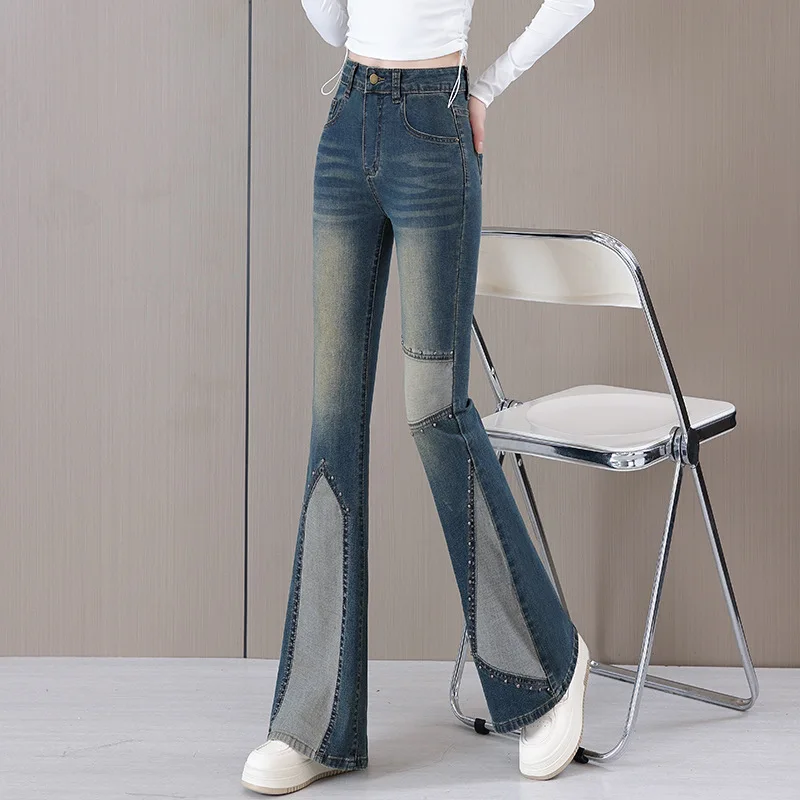 

American Distressed Micro Flared Pants Women's Casual Patchwork Jeans Autumn New Retro High Waisted Rivet Denim Trousers