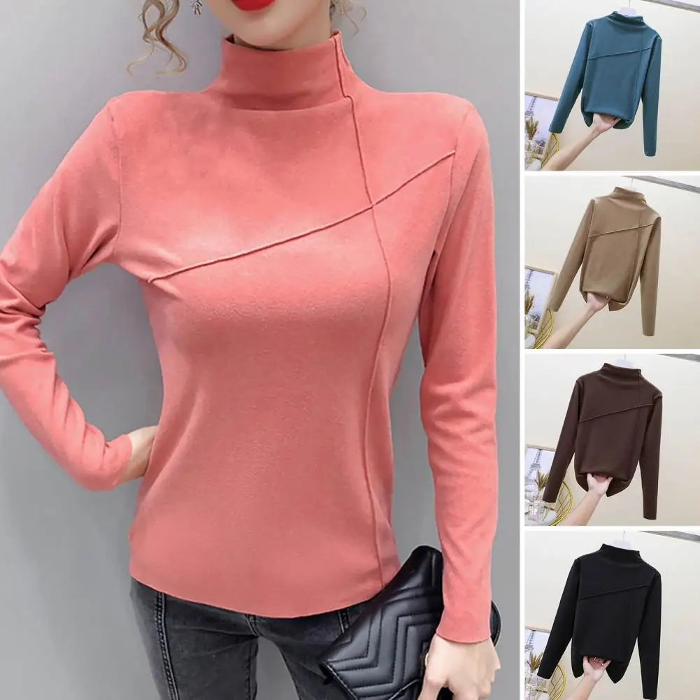 

Turtleneck Women Blouse Slim Stitch Design Thermal Top Women Autumn Winter Double-sided Velvet Solid Bottoming Shirt