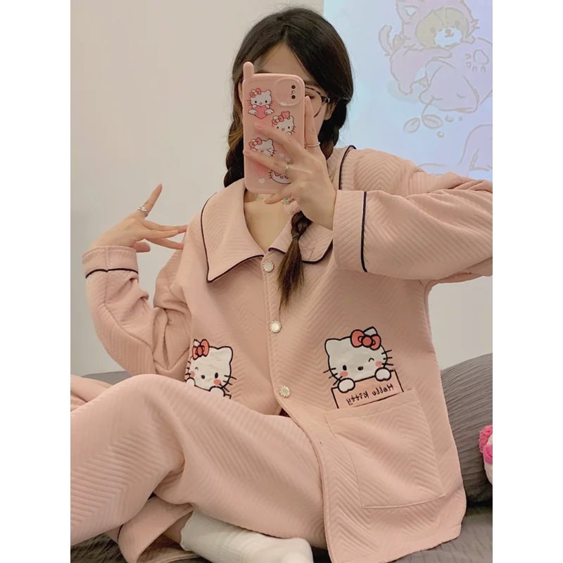 Pijama de Hello Kitty para mujer, cárdigan de algodón puro de manga larga, multicapa, ropa de estar por casa