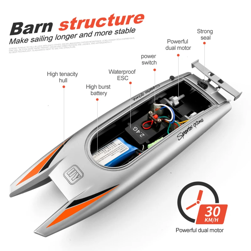 2.4G RC Boats 25 KM/H barca da corsa ad alta velocità 2 canali barche telecomandate a doppio motore per bambini barca da corsa per adulti argento nero