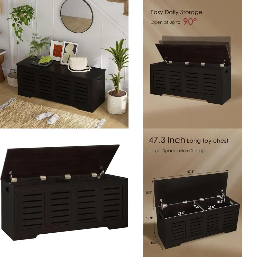 Large Espresso Wooden Storage Chest with Safety Hinges and Flip-Top for Entryway Shoe Storage in Living Room and Bedroom