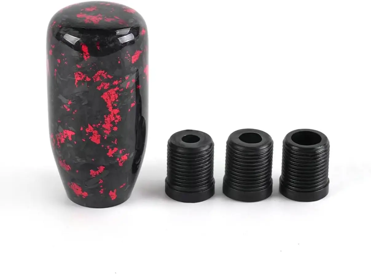 Universal Forged Carbon Fiber Manual Car Gear Shift Knob Lever Shifter Accessories Set with 3 Adapters (Black + Red)