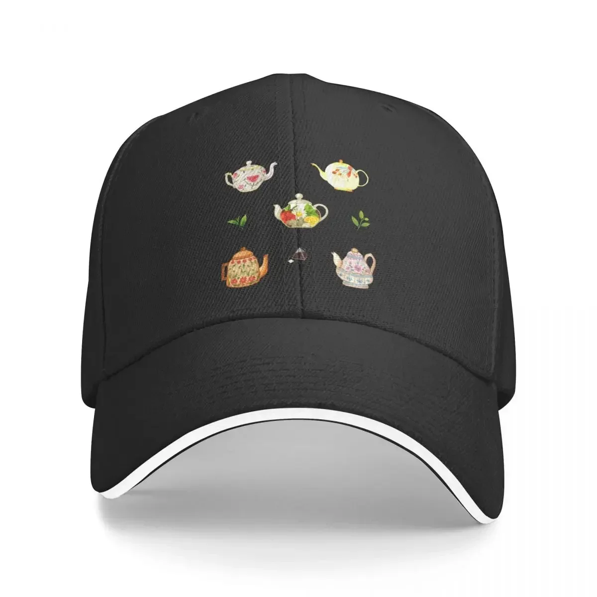 

Flower Teapots and Green Tea Leaves Baseball Cap Golf Wild Ball Hat Military Cap Man fun hats Men Women's