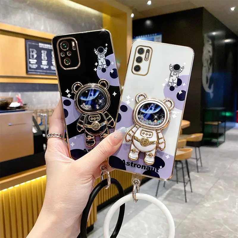 Note 10 10S Cheering Astronaut Holder Plating Phone Case For Xiaomi Redmi Note 10Pro 10S 10T 10 11T 12S 12R 12 11 11S 9 Cover