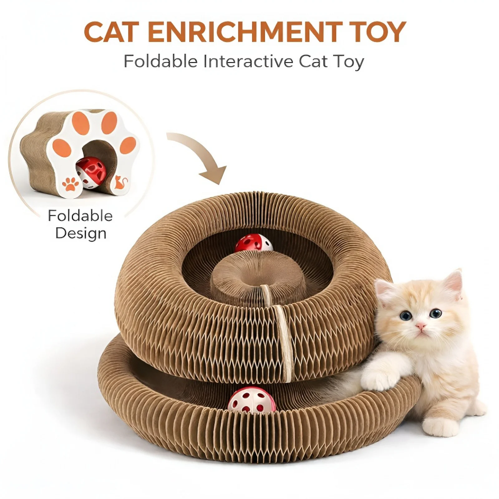 US stock Calming Interactive Play Magic Organ Cat Scratch Board Kitty Curls Cat Toy Foldable Accordion Cat Scratcher with Ball