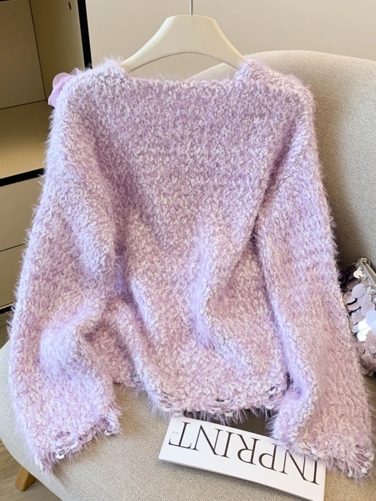 Autunno Inverno Dolce maglione floreale tridimensionale da donna Nuovo maglione lavorato a maglia pullover rosa alla moda Top S207