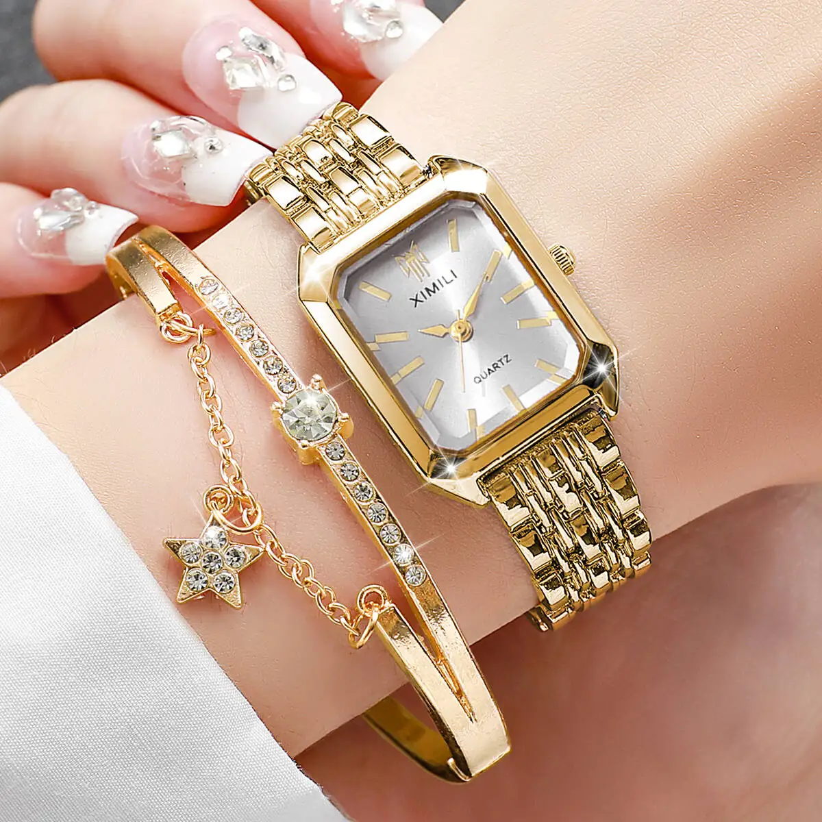 2PCS/Set Fashion Rectangle Women Watches Stainless Steel Band Quartz Watch Bracelet Set Reloj Mujer（Without Box）