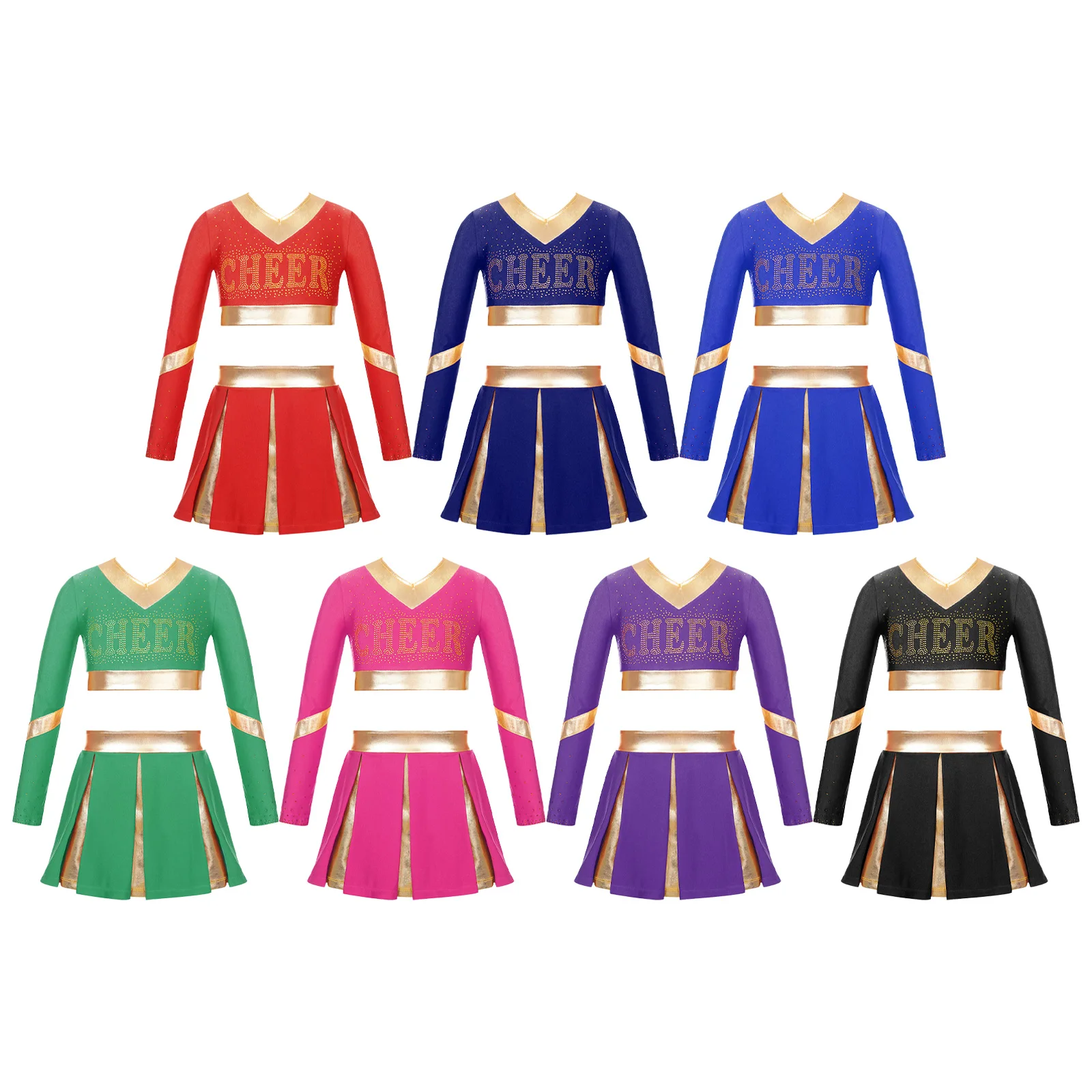 Meisjes Cheerleading Kostuum 2-delige Crop Top Met Lange Mouwen En Geplooide Rok Voor Kinderen Halloween Cheer Leider Cosplay Dress Up