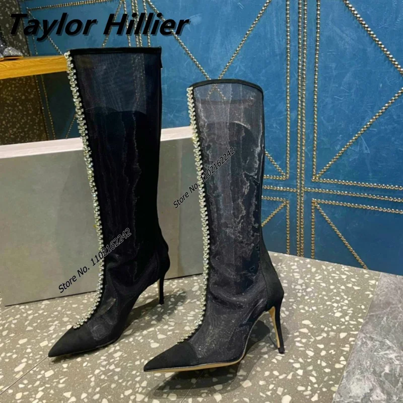 Long Boots Women'S Breathable High-Heeled Pointed Rhinestone Rear Zipper Knee-High Women'S Shoes Sexy Mesh Women'S Shoes Autumn