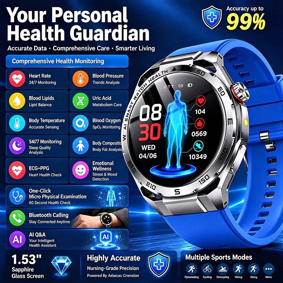 Medical ECG Watch 2026 AI Medical Smart Watch Blood Oxygen Uric Acid Blood Pressure Body Fat Fitness IP68 Waterproof Smartwatch
