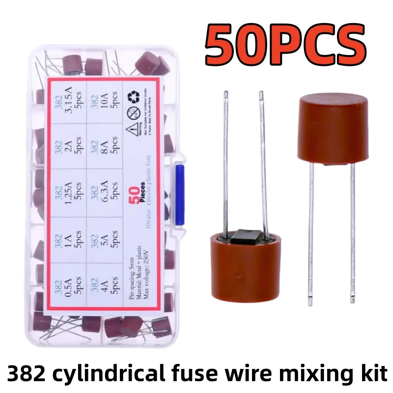 50PCS 10values * 5PCS 382 cylindrical fuse wire mixing kit 0.5A 1A 1.25A 2A 3.15A 4A 5A 6.3A 8A 10A