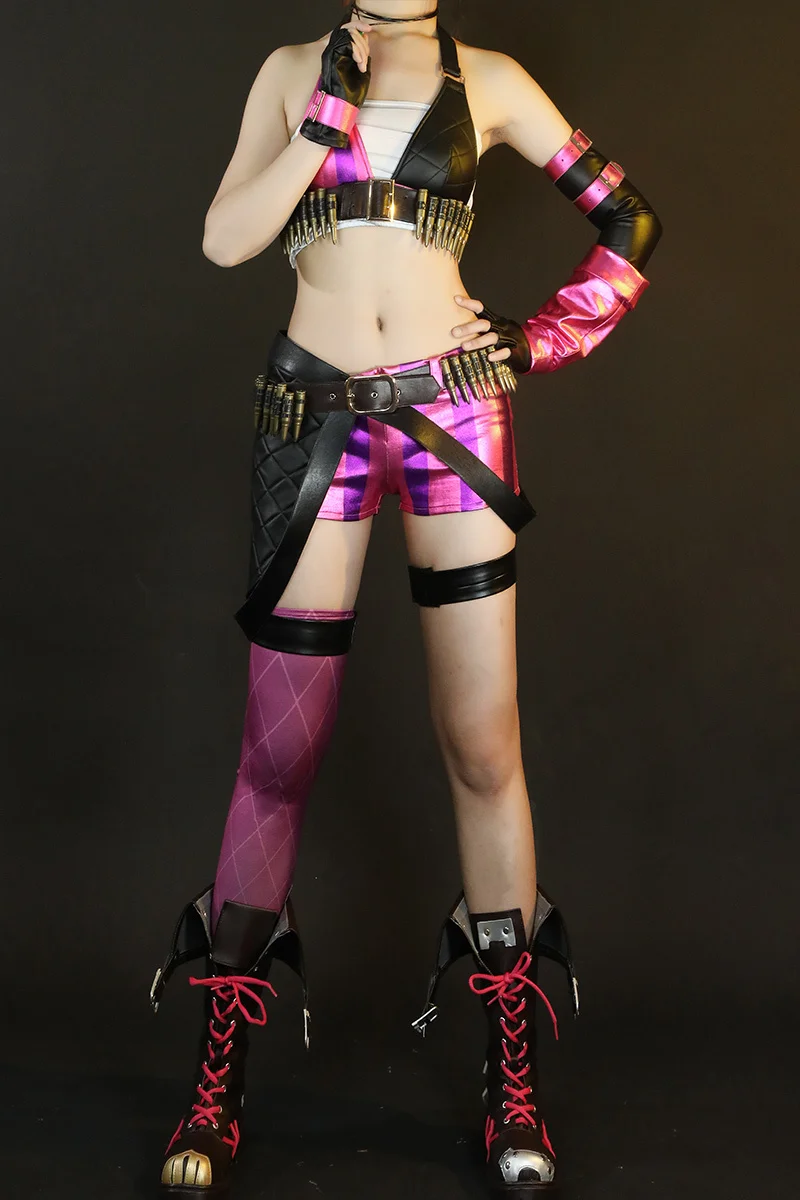 جميع أزياء الحفلات الباروكات Lol League of Legends Cos Jinx الحرير الخام الجلد مكافحة الشغب لولي تأثيري لعبة أنيمي فتاة الملابس