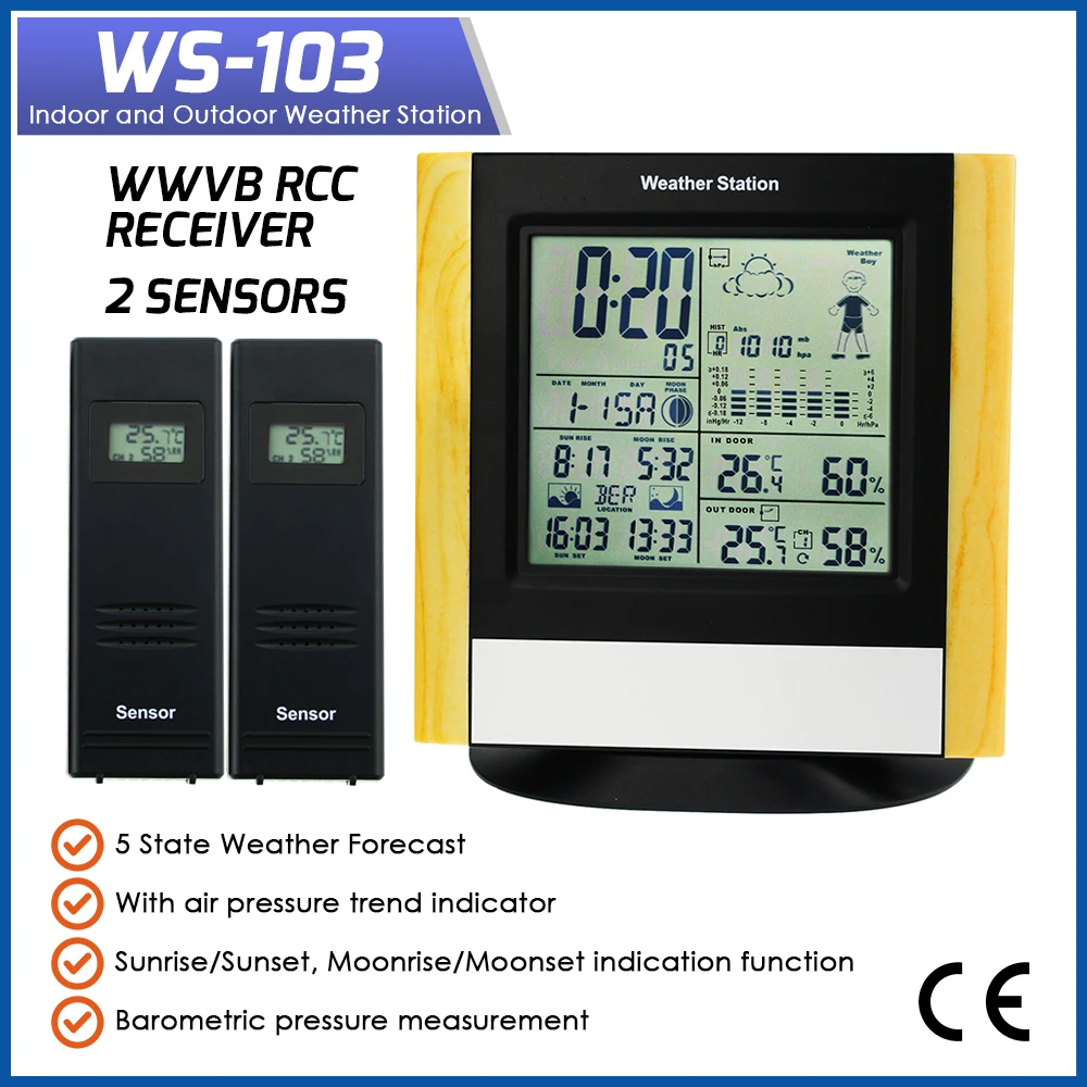 

Digital Wireless Weather Station Indoor Outdoor Home Meter Humidity Temperature Forecast Barometer Hygrometer DCF RCC 2 Sensors