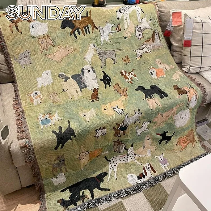 

Cartoon Puppy Park Picnic Blanket Outdoor Camping Mat Cute Animal Dog Blankets for Beds Korean Style Sofa Cover Kids Home Decor