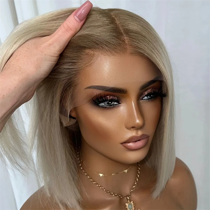 Woman Wigs Ombre Ash Platinum Blonde Synthetic HD Lace Front Wig with Roots 10 Inches Short Straight Wig Realistic Look Hairline