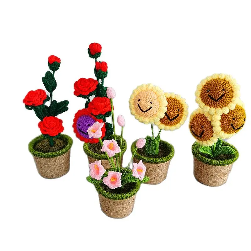 

Hand Knitting Flower Rose Sunflowers Lily Bonsai Indoor Decoration Potted Plants Imitation Flowers Gift For Housewarming Party