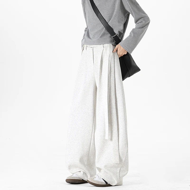 

Men's Solid Color Drapey Casual Pants Loose Fit Ribbon Detail Trousers for Streetwear & Minimalist Style Bottoms for Man M-XXXL