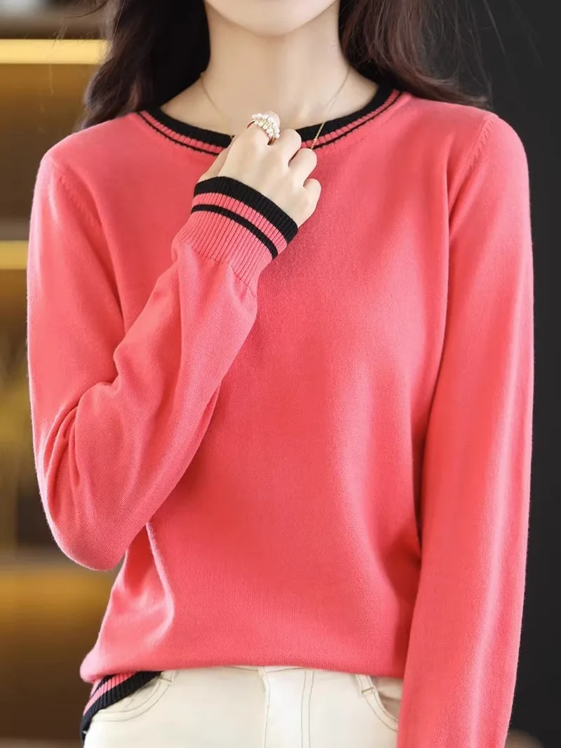

Spring 2026 Korean Sle Women's round Ne Knitted Sweater Long Sve Loose ort Length Top Color Blo Commute Faion