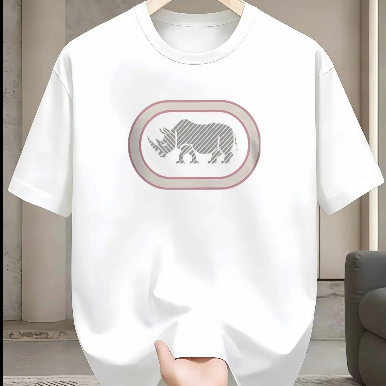 Men Ecko Centered Single Graphic Diagonal Strip Rhino Tee Blank Clean Front Lightweight Office Daily Cotton Shirt