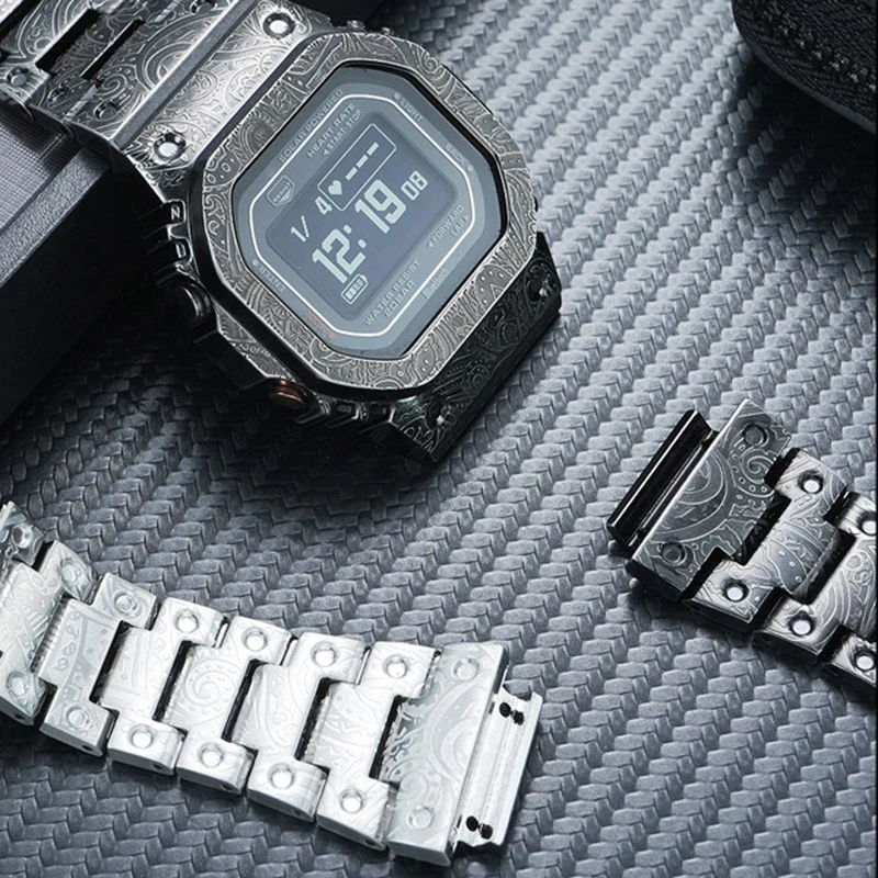 

DIY Retro Strap Case Set for Casio Small Square DW-H5600 Metal Paisley Modified Case Cashew Flower Stainless Steel Strap Set