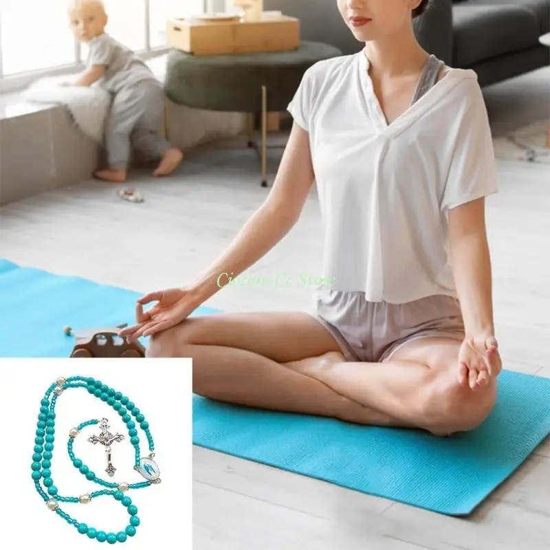 X90F Handcrafts Religious Blue Turquoise Rosary Beads Necklace with Metal Crosses Pendant for Catholic Prayer and Worship