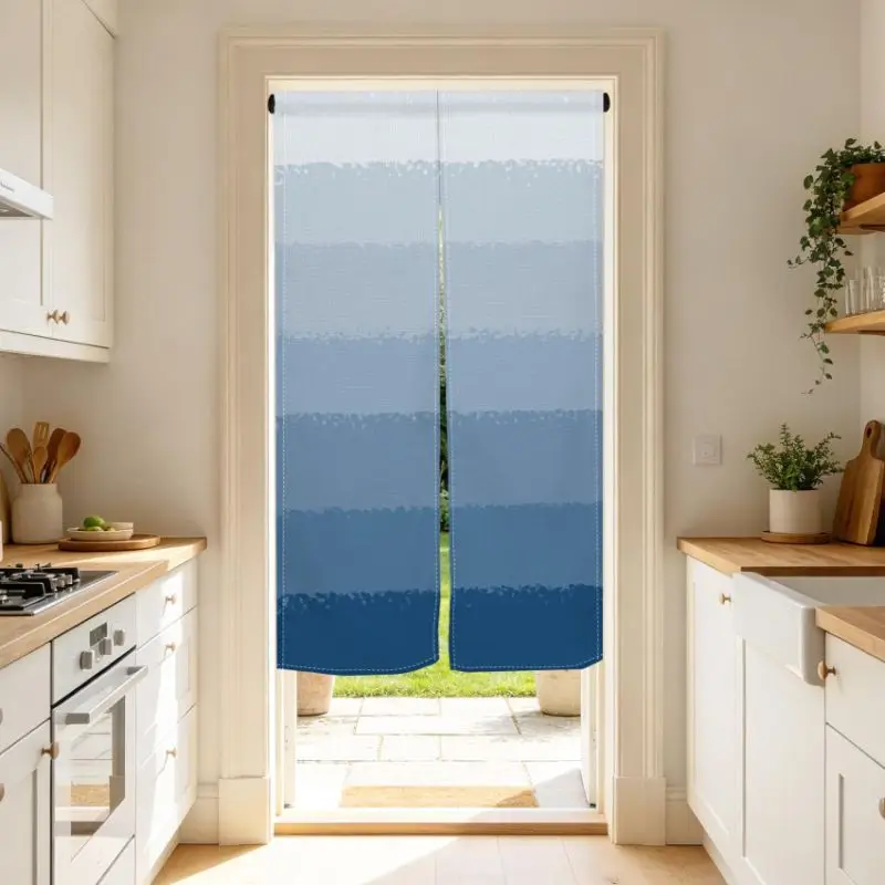 VIKAMA Blue Gradient Stripe Door Curtain Ombre Horizontal Band Minimalist Nordic Linen Noren Bathroom Bedroom Kitchen Living