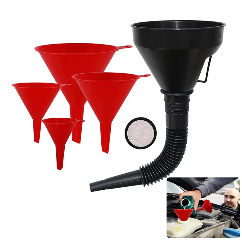 5Pcs Automotive Plastic Funnel Set Wide Mouth Fuel And Oil Multi-use Flexible Right Angle Funnels For Water Coolant And Engine