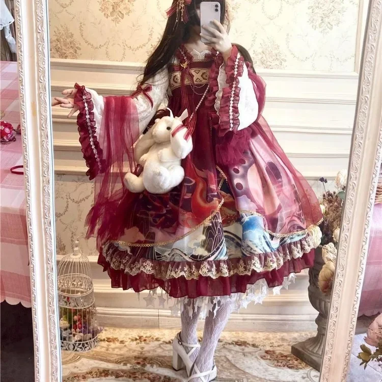 Robe Lolita rouge du Nouvel An chinois pour femmes, E-Girl Sweet Mesh, Robes Op à manches longues, Robe Fairycore froncée, Robe éducative pour femmes, Y2k