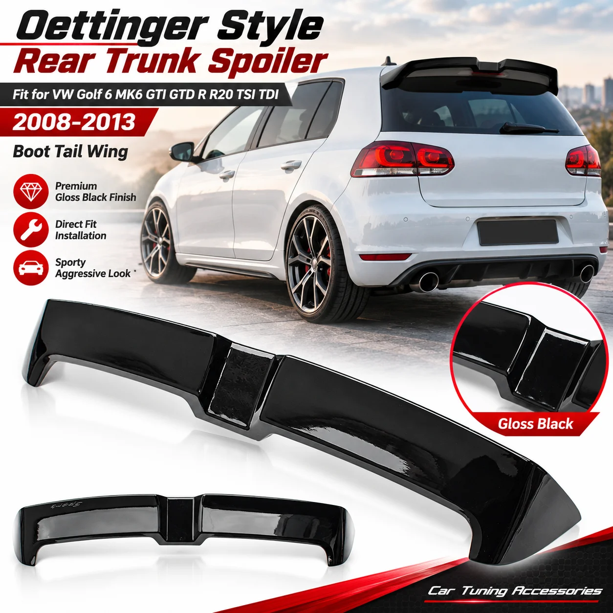 Image of Oettinger-Style, glänzend schwarzer Heckspoiler für VW Golf 6 MK6 GTI GTD R R20 TSI TDI 2008-2013, Auto-Tuning-Zubehör